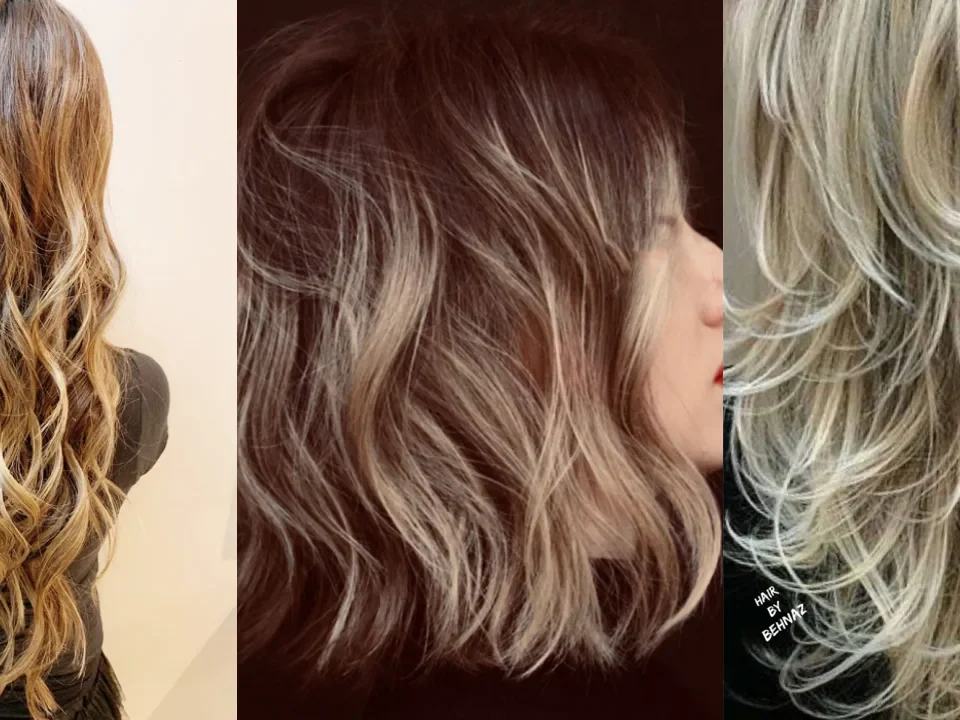 Three color services by Behnaz: golden balayage on long wavy hair, a brunette lob with blonde highlights and long layered blonde highlights