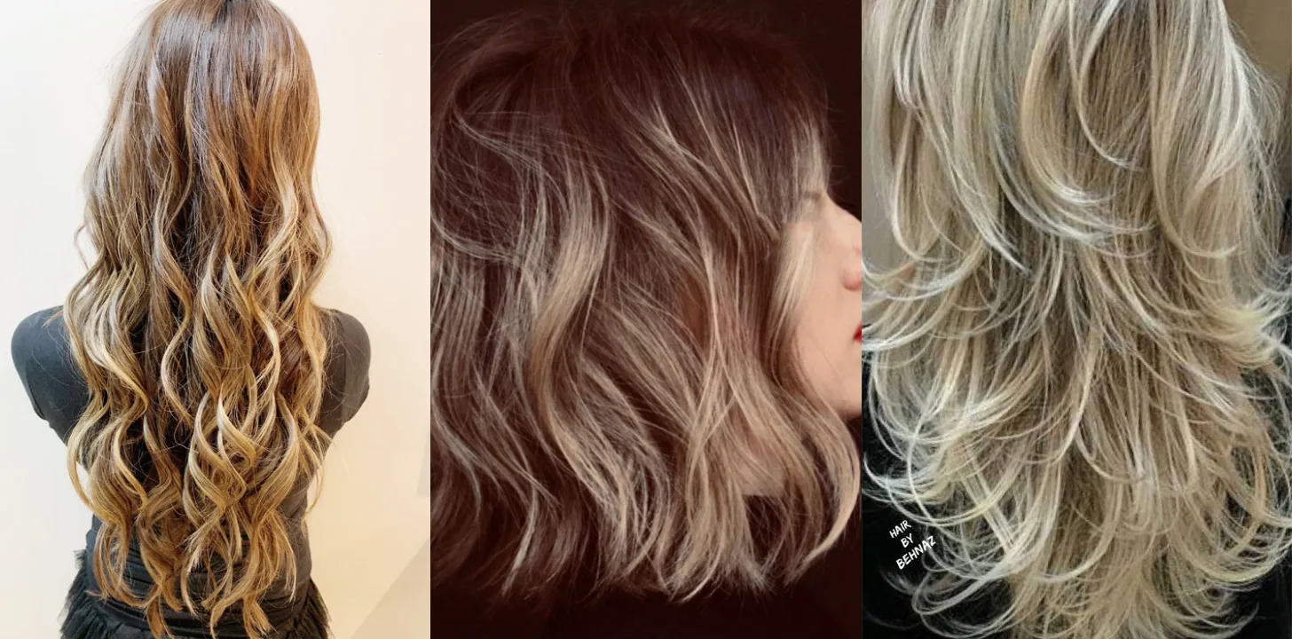 Three color services by Behnaz: golden balayage on long wavy hair, a brunette lob with blonde highlights and long layered blonde highlights