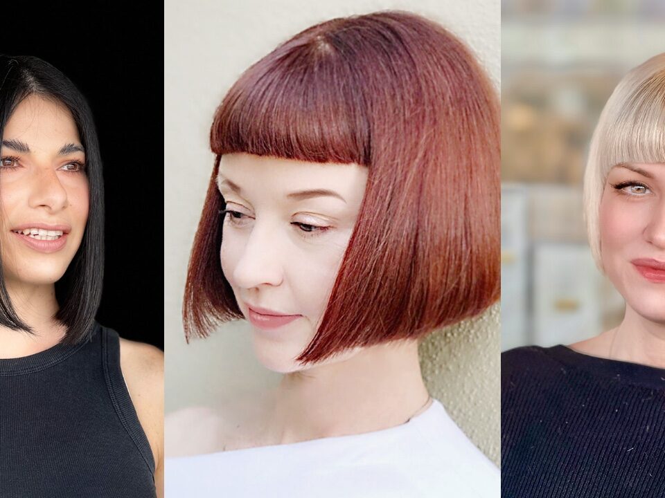 Three bob haircuts: a sleek black A-line bob, a copper bob with micro bangs and a platinum blunt bob