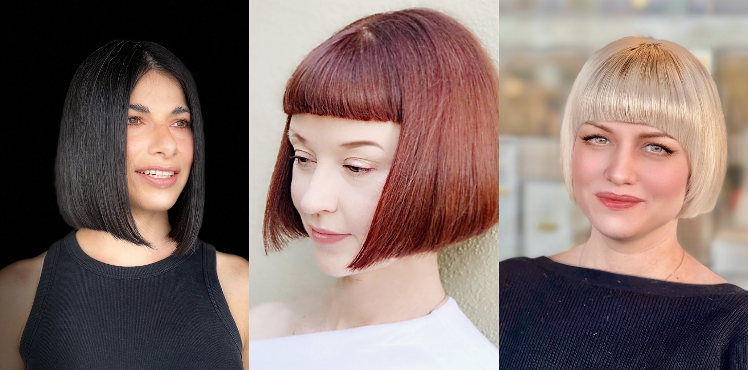 Three bob haircuts: a sleek black A-line bob, a copper bob with micro bangs and a platinum blunt bob