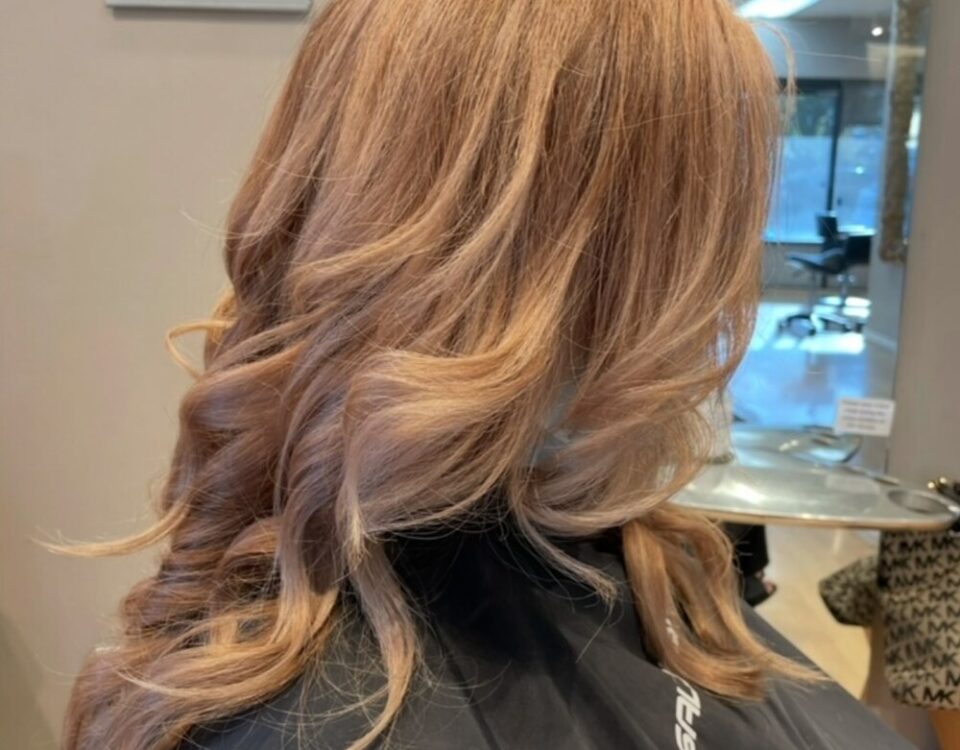 Soft caramel bronde waves, back view