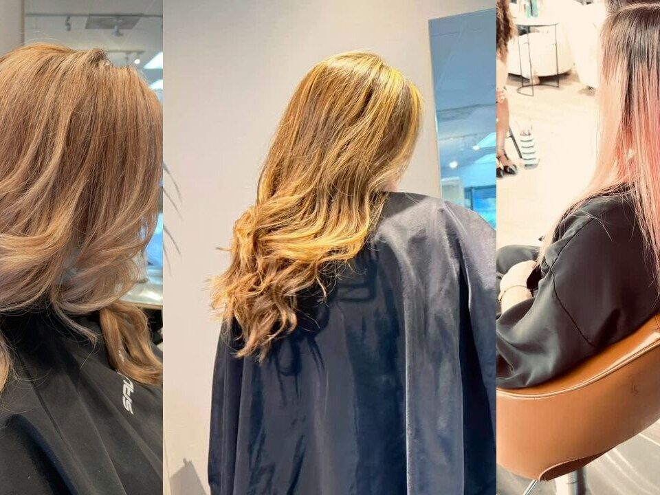 Dimensional hair color: caramel brown waves, golden honey balayage and a rose pink fade over dark roots