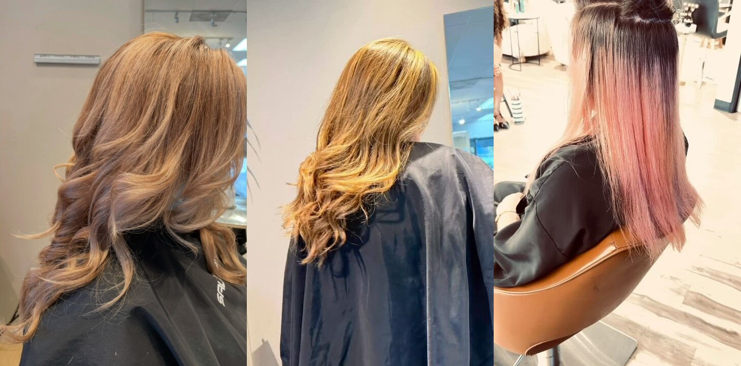Dimensional hair color: caramel brown waves, golden honey balayage and a rose pink fade over dark roots