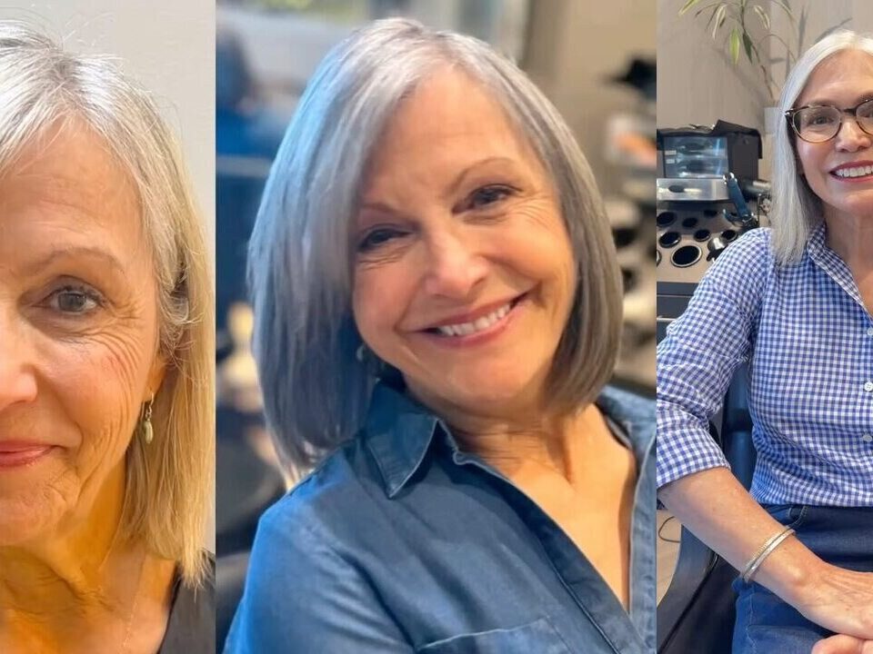 Gray hair transformation: blonde bob before, soft silver bob after, and a client with natural silver hair