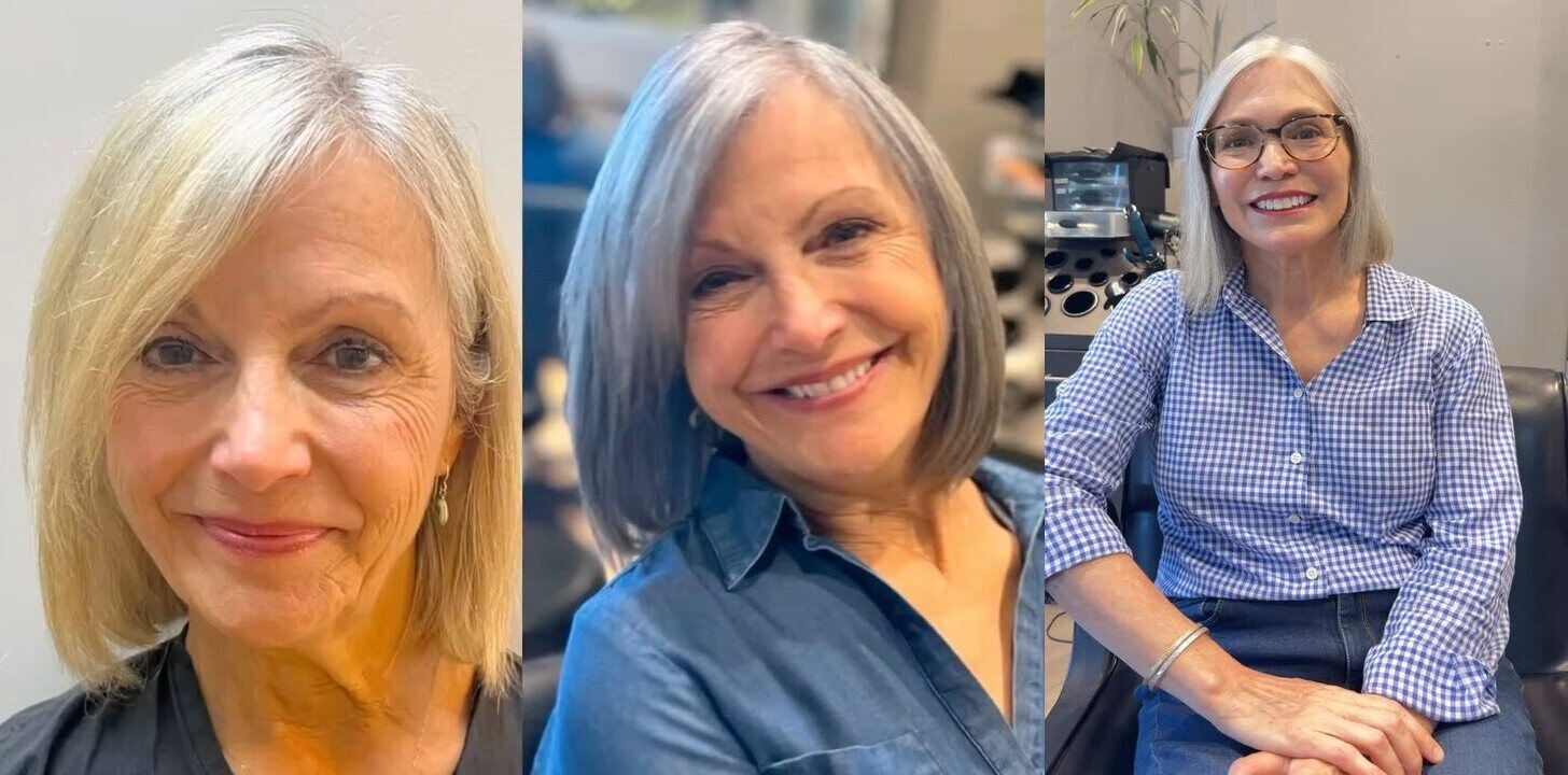 Gray hair transformation: blonde bob before, soft silver bob after, and a client with natural silver hair