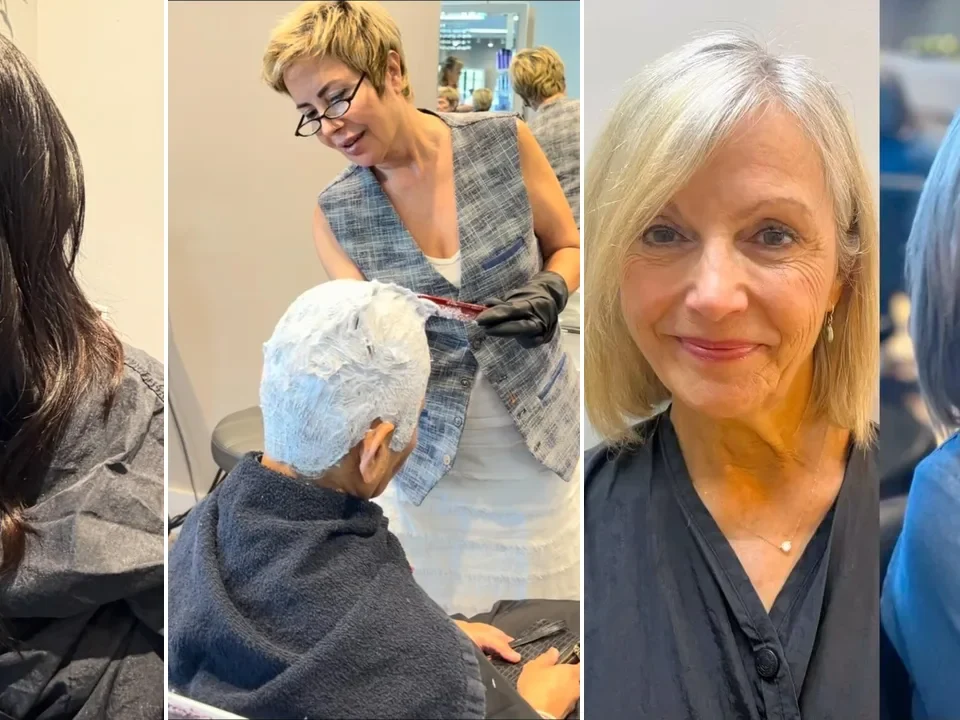 Hair transformation by Behnaz: long dark hair before, Behnaz applying color at the salon, and a client before and after going from blonde to silver gray