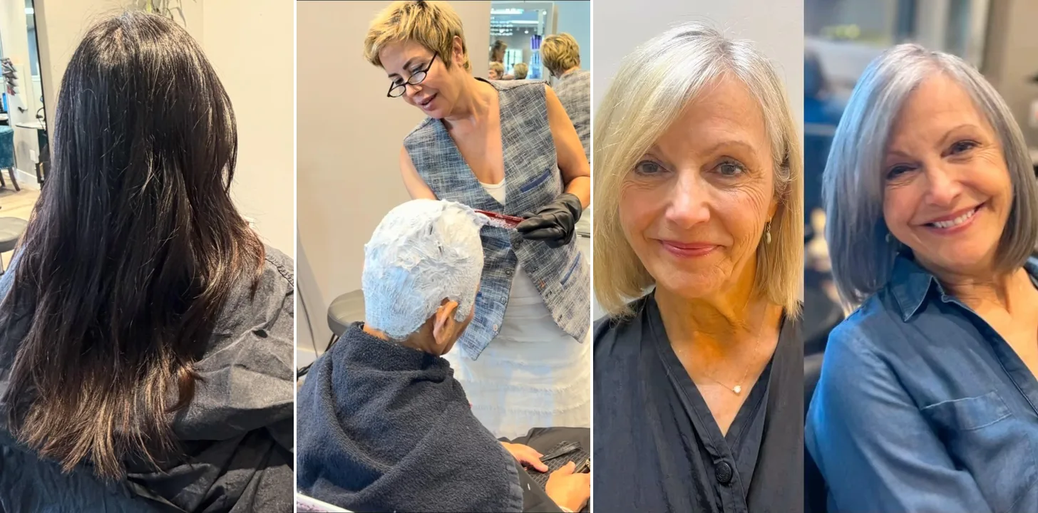 Hair transformation by Behnaz: long dark hair before, Behnaz applying color at the salon, and a client before and after going from blonde to silver gray