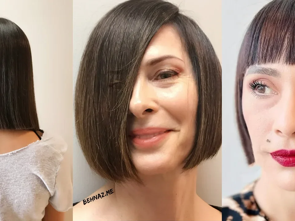 Three haircuts by Behnaz for fine hair: a sleek one-length bob, a chin-length precision bob and a bob with micro bangs