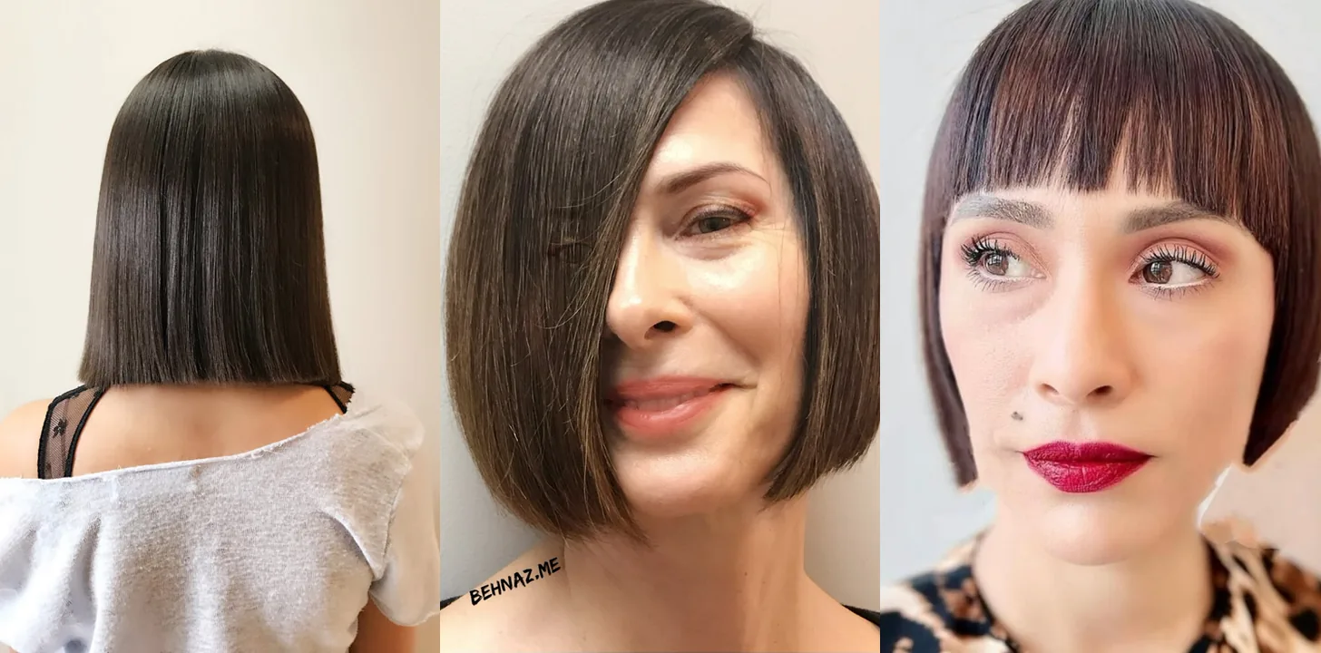 Three haircuts by Behnaz for fine hair: a sleek one-length bob, a chin-length precision bob and a bob with micro bangs