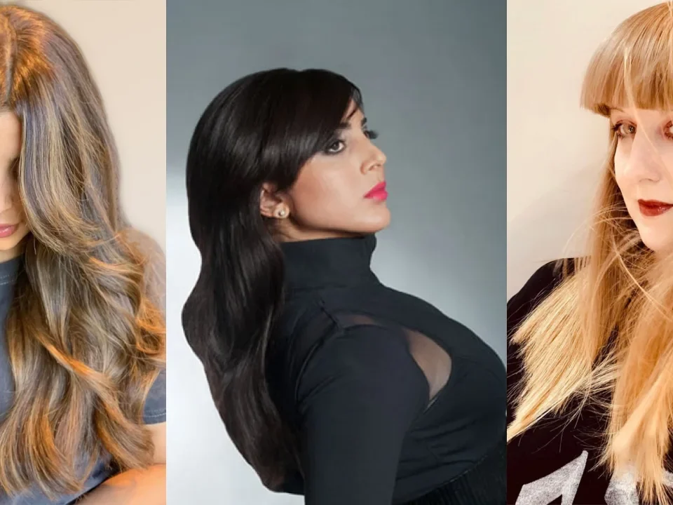 Three long layered haircuts by Behnaz: wavy brunette layers, sleek dark layers and copper layers with wispy bangs