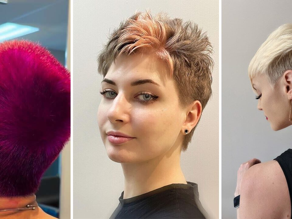 Pixie cuts by Behnaz: magenta pixie, textured pixie with copper highlights and platinum pixie