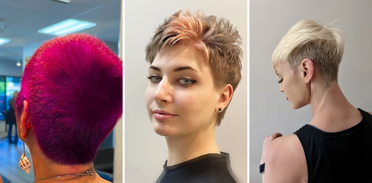 Pixie cuts by Behnaz: magenta pixie, textured pixie with copper highlights and platinum pixie