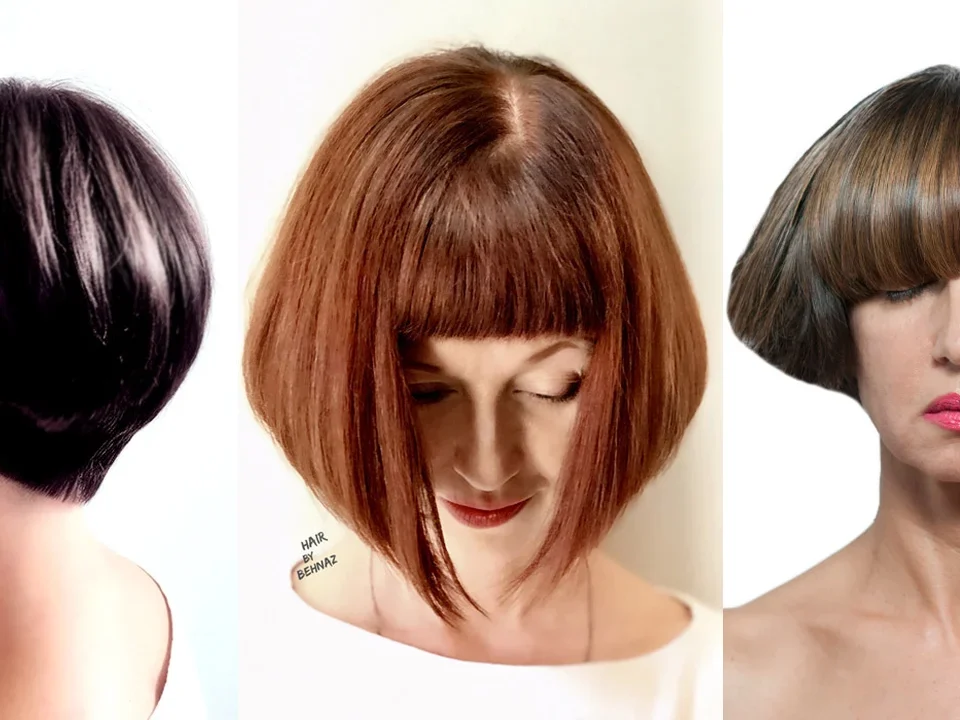 Three precision haircuts by Behnaz: a graduated short cut with a tapered nape, a copper bob with blunt bangs and a Sassoon-style rounded bob