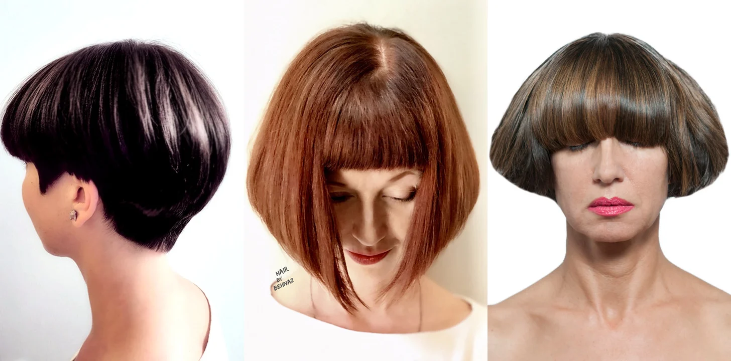 Three precision haircuts by Behnaz: a graduated short cut with a tapered nape, a copper bob with blunt bangs and a Sassoon-style rounded bob